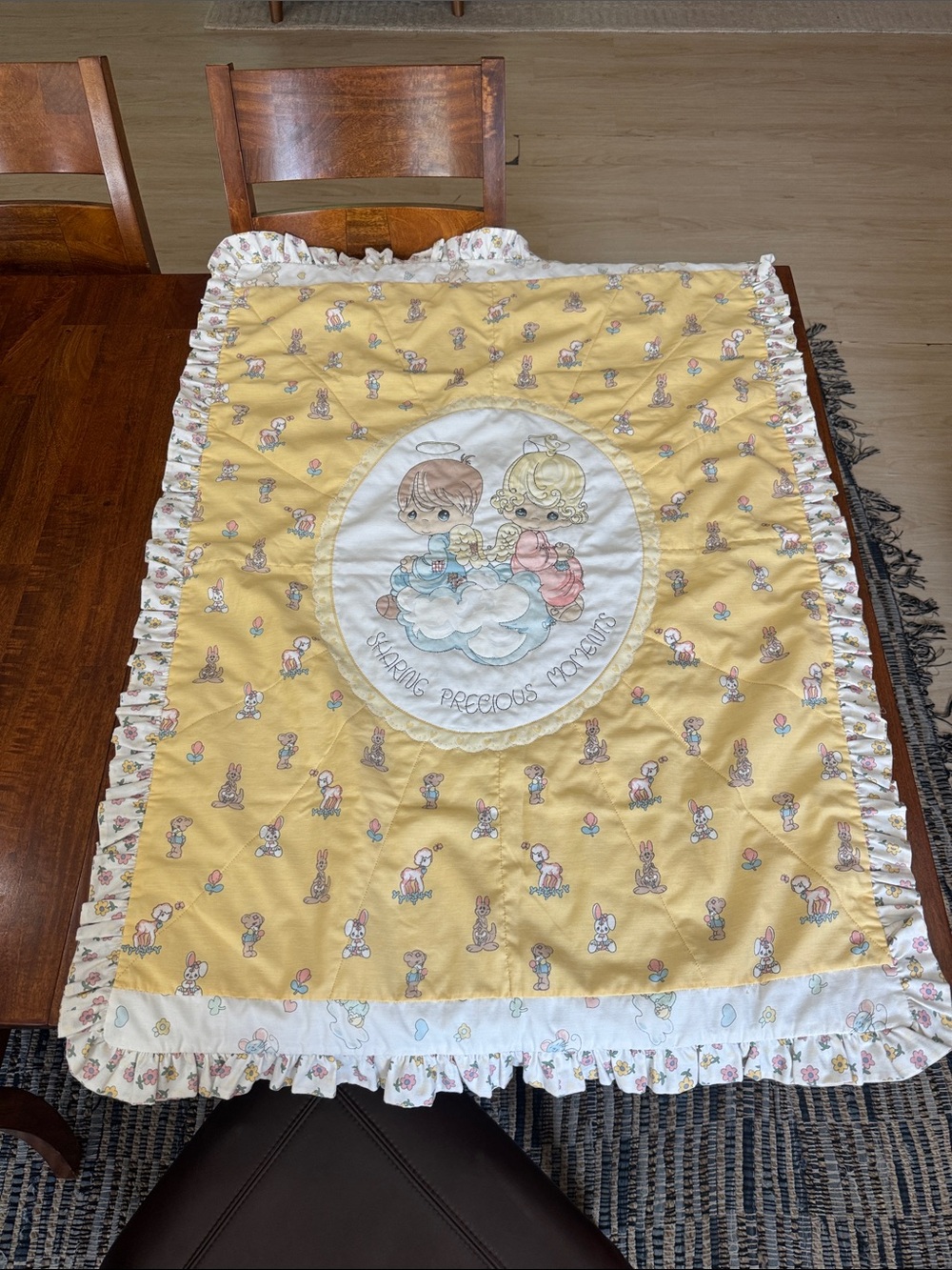 Vintage Precious Moments Quilted Baby Blanket with Ruffle Trim approx 50inX34in